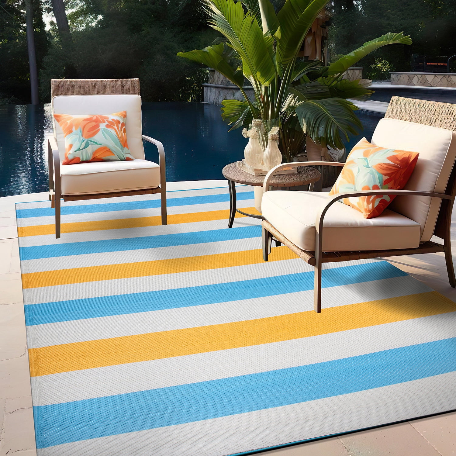 World Rug Gallery Contemporary Stripe Reversible Recycled Plastic Outdoor Picnic Mat, Camping Rug, RV Rug - MULTI 5'x7'