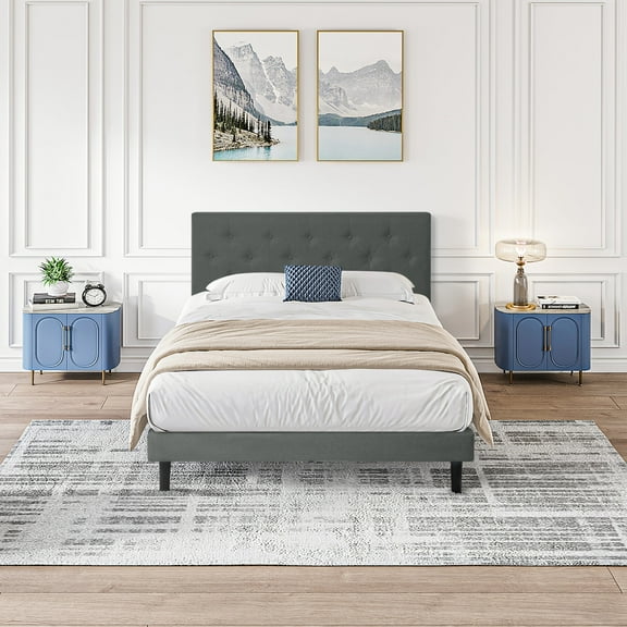 Upholstered Bed Frame Twin Size Platfrom Bed with Modern Button Tufted Linen Fabric Headboard, No Box Spring Needed, Wood Slat Support, Easy Assembly, Dark Gray