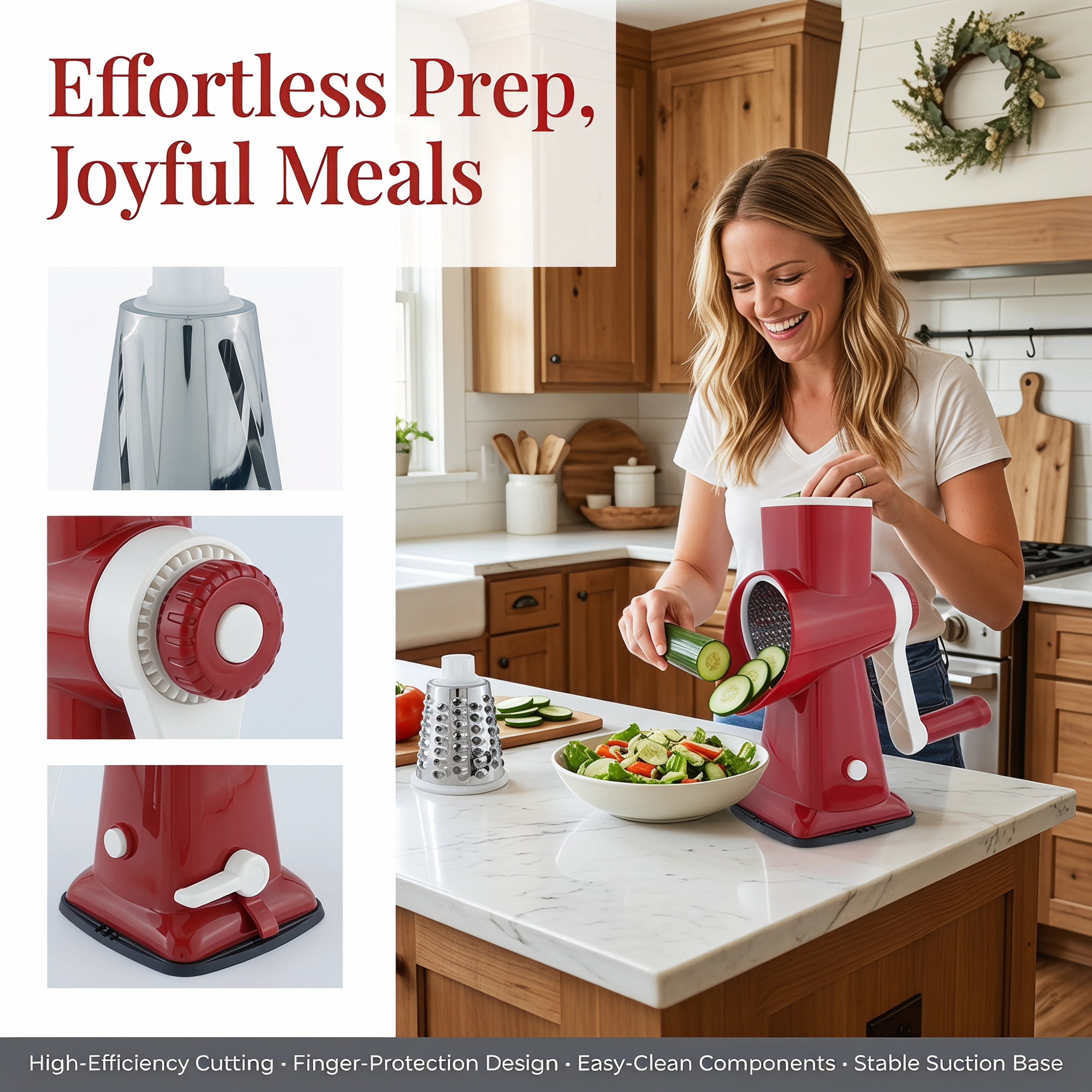 Unique Bargains 3-in-1 Rotary Vegetable Manual Slicer with Drums Red 6.3x4.3x9.2in