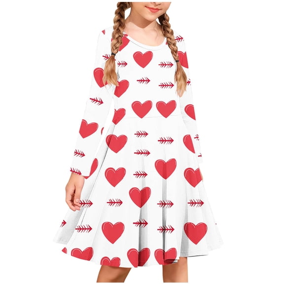 Girls Long Sleeve Heart Print Dress Stretchy Flare Sleeve Casual Party Dress for Kids Age 4-14 Red,Size 9-10 T