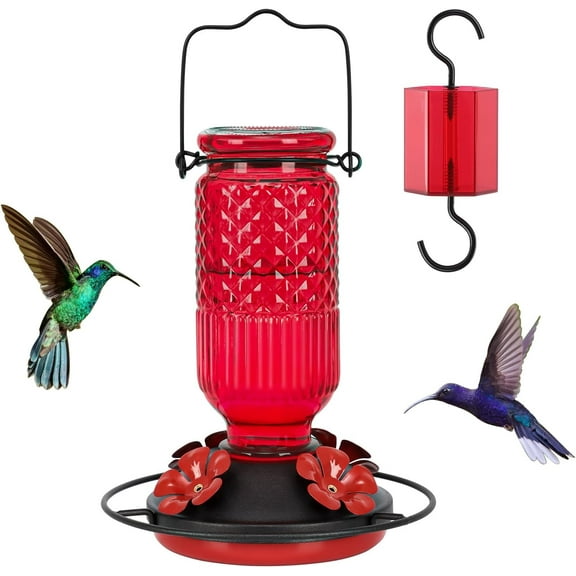 Glass Hummingbird Feeder for Outdoors Hanging, 16 OZ Humming Birds Feeders with 4 Bee Guard Feeding Ports & Built-in Ant Moat, Bird Feeder for Outside, Gifts for Women Mom, Red