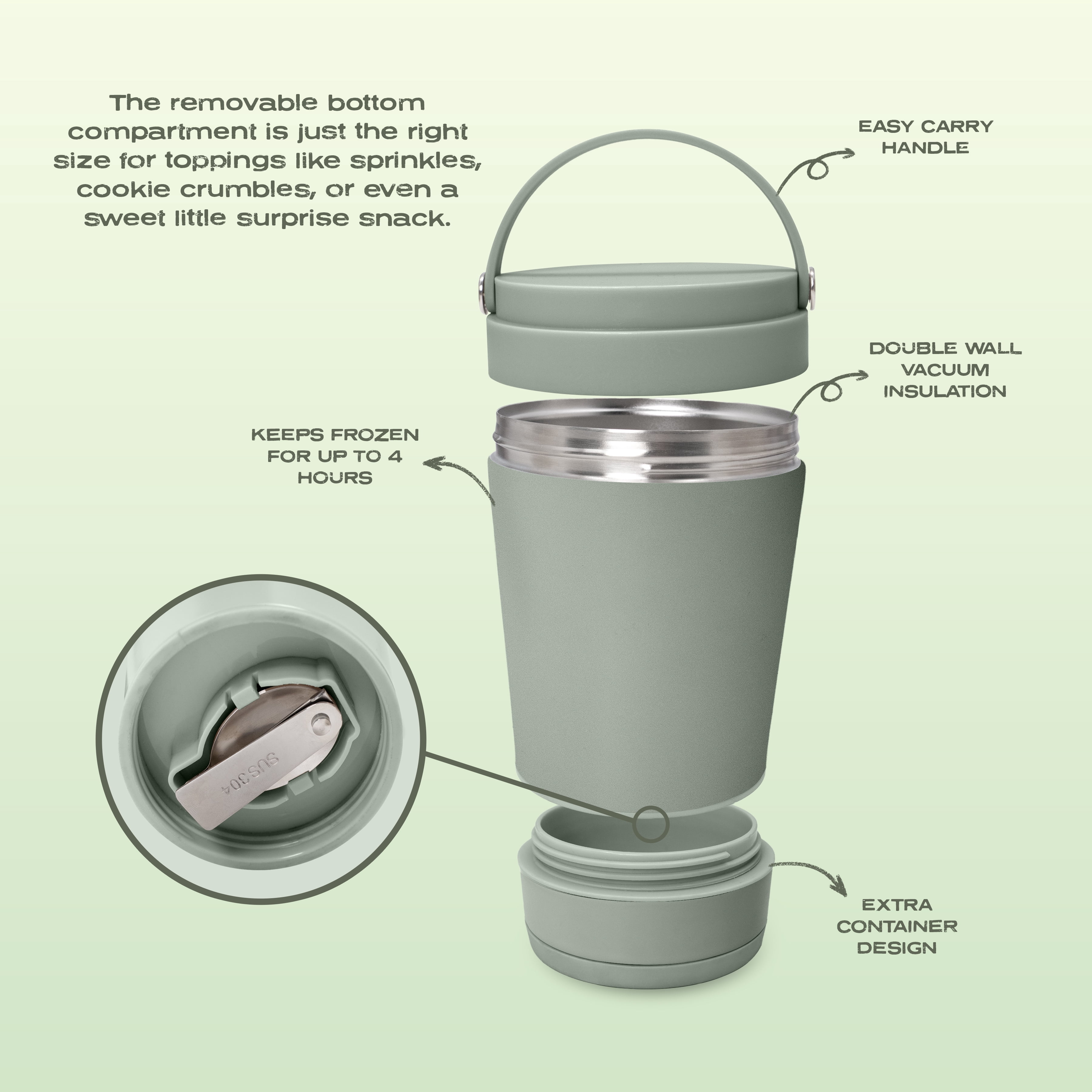 Cook with Color Insulated Ice Cream or Soup Container with Toppings Compartment and Spoon, Sage