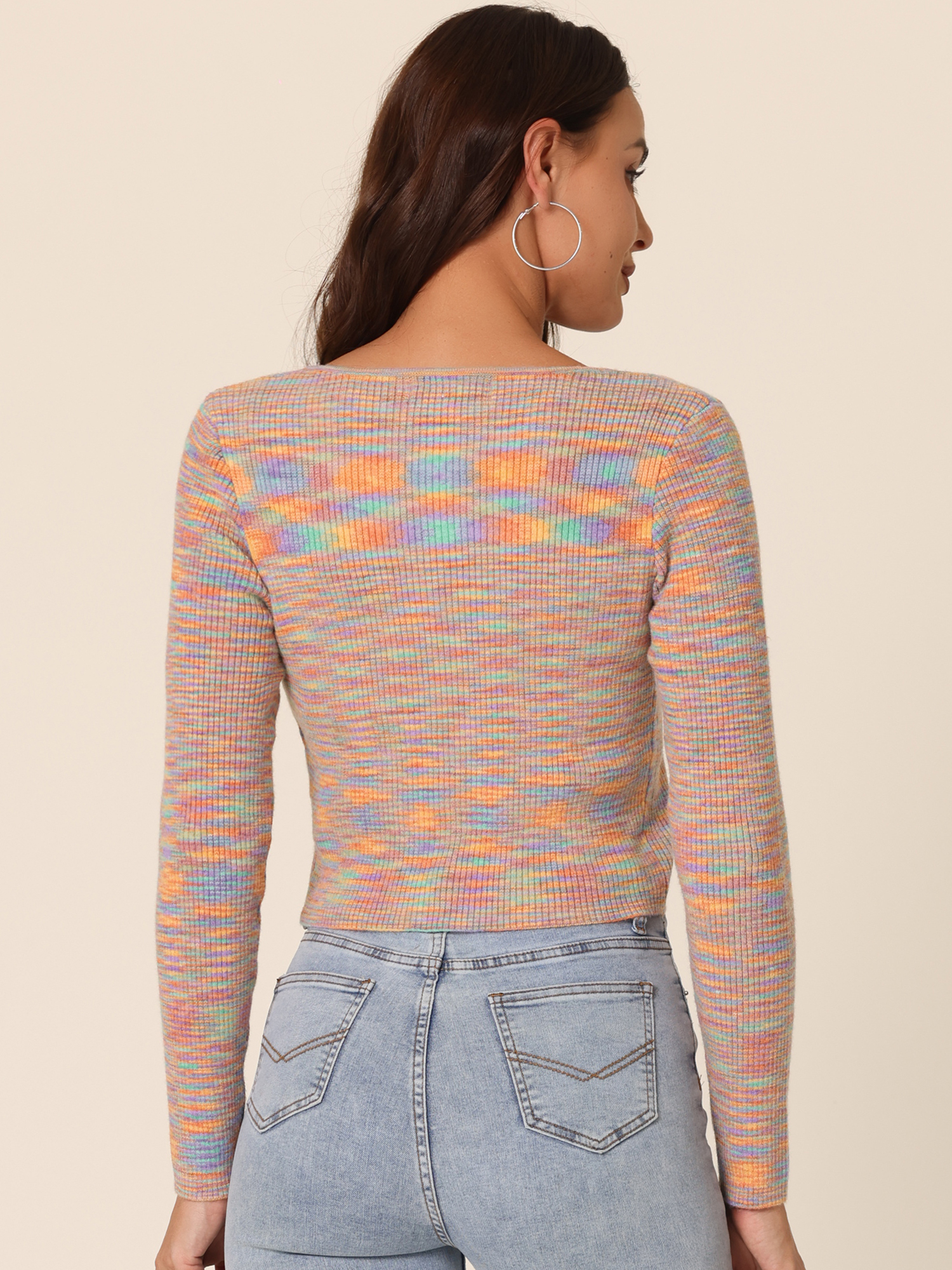 Unique Bargains Women's Stripe Knitted Butterfly Buckle Crop Sweater Cardigan Tops M Orange