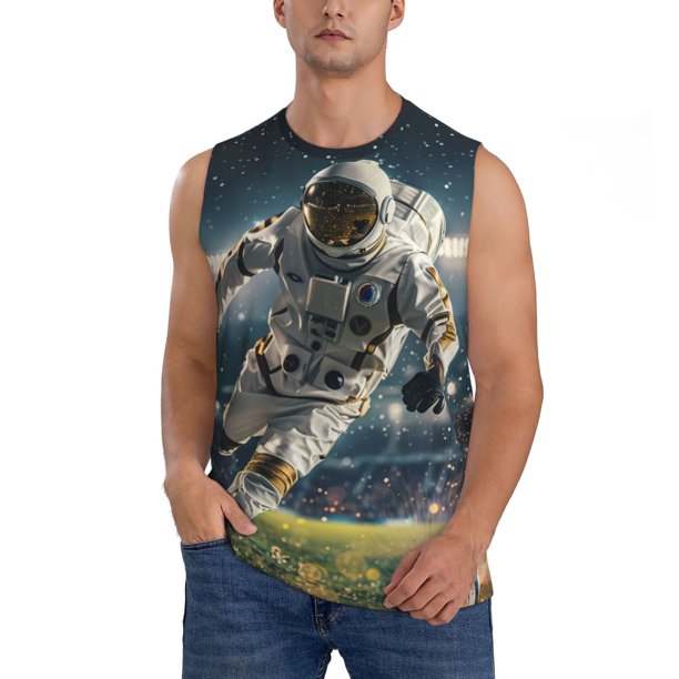 Fotbe Astronaut Soccer Field Men's Camiseta sin Mangas Estampada para Hombres, Playera Casual para Gimnasio, Entrenamiento, Playa-Medium