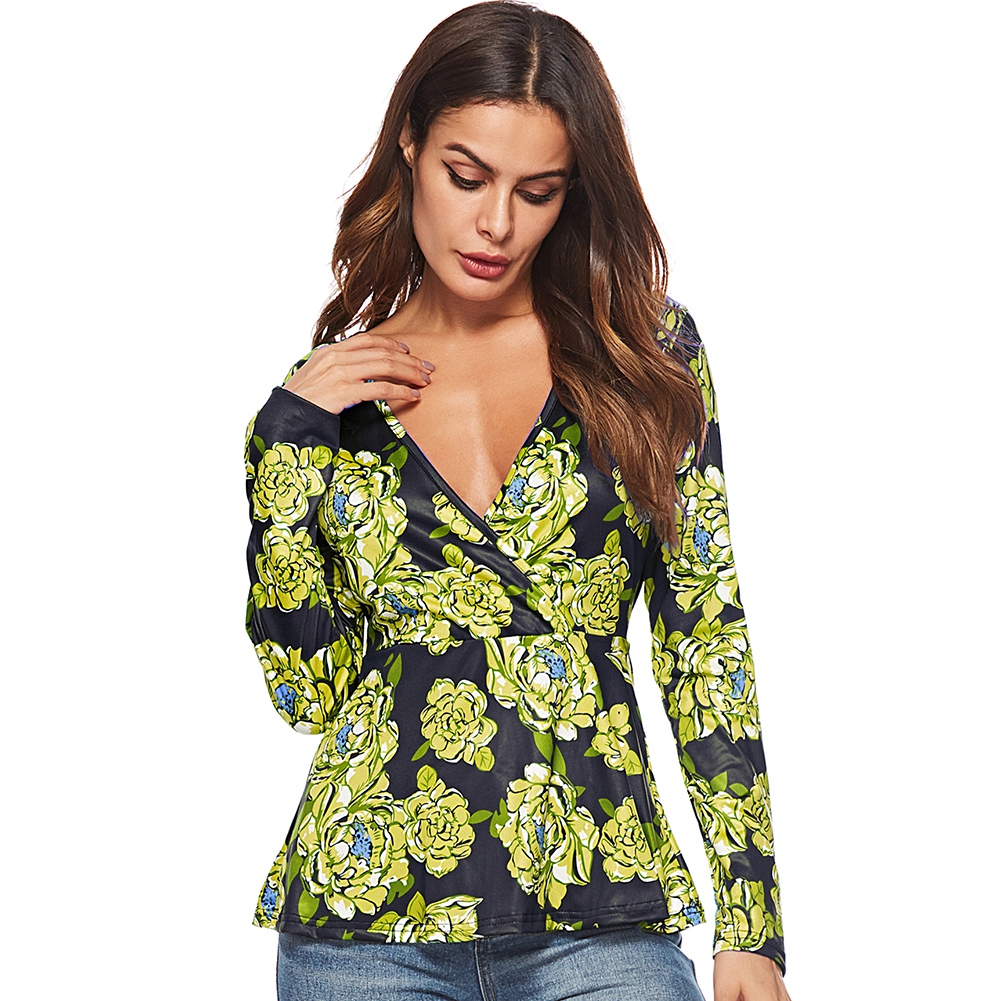 deep v neck printed blouse