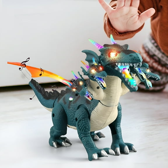 BESTSKY Movable Electric Dinosaur Toys Spraying Walking Dinosaur W/ Lights Roar Sound Five-Headed Flying Dragon Educational Toys Outdoor Greenish