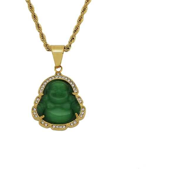 18k Gold Plated Laughing Buddha Pendant Necklace Green Jade Cubic Zirconia Gemstone Lucky Amulet Jewelry for Women Men (Green A)