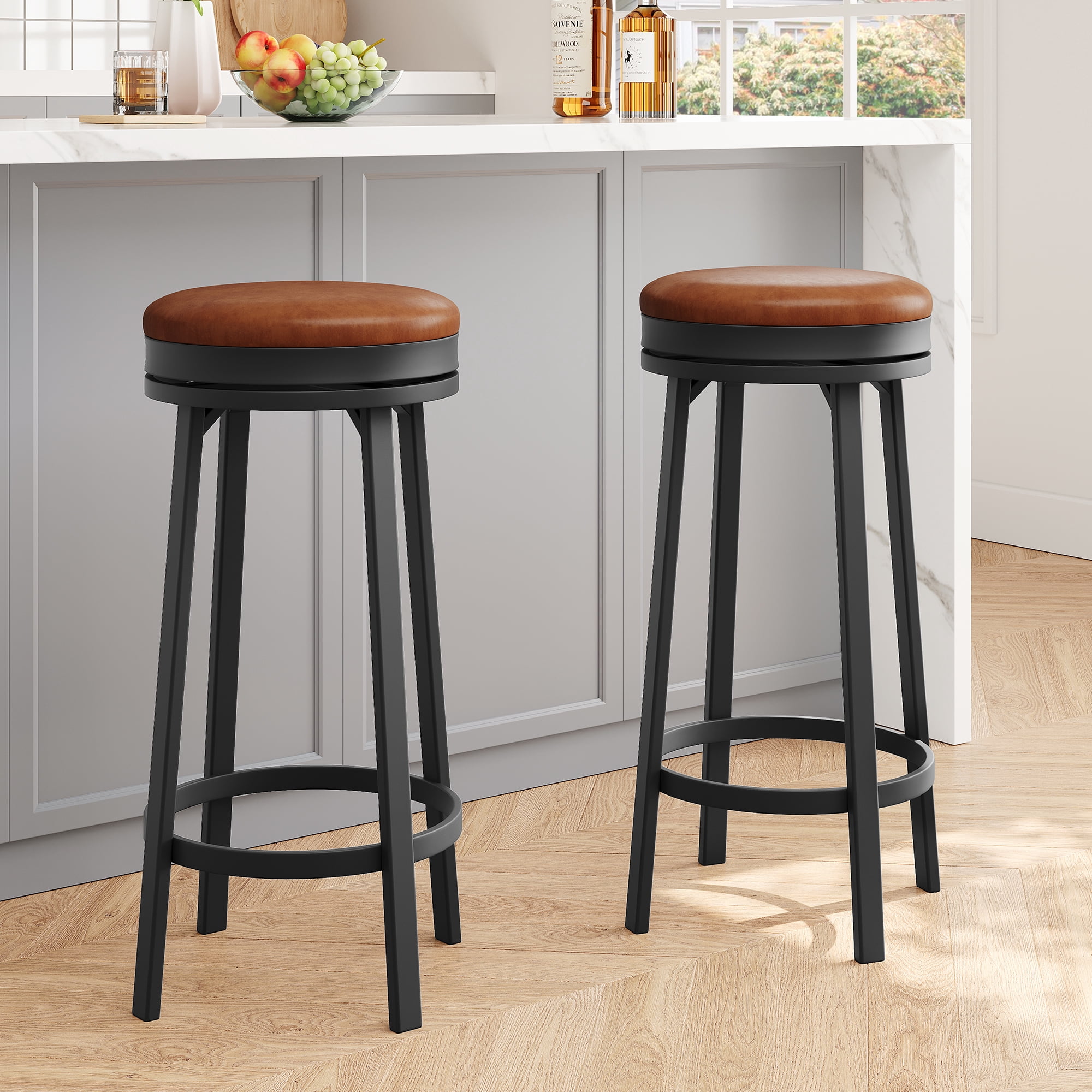 Bar Stools, Set of 2 Swivel Bar Stools, Round Bar Chairs with Footrest, 30" Swivel Counter Stools, Industrial Kitchen Breakfast Bar Chairs, Brown