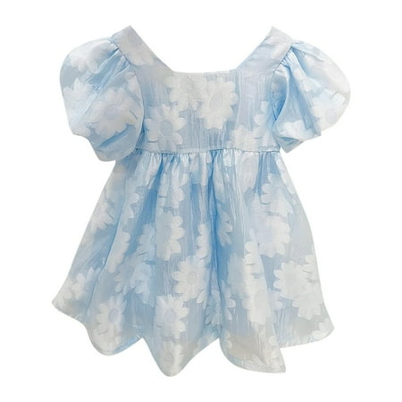 

HIBRO Girls Summer Dress French Jacquard Blue Crewneck Short Sleeve A Line Casual Home For 0 To 6 Years Old Tea Party Jumpsuit with Skirt Girls Bodysuit Romper