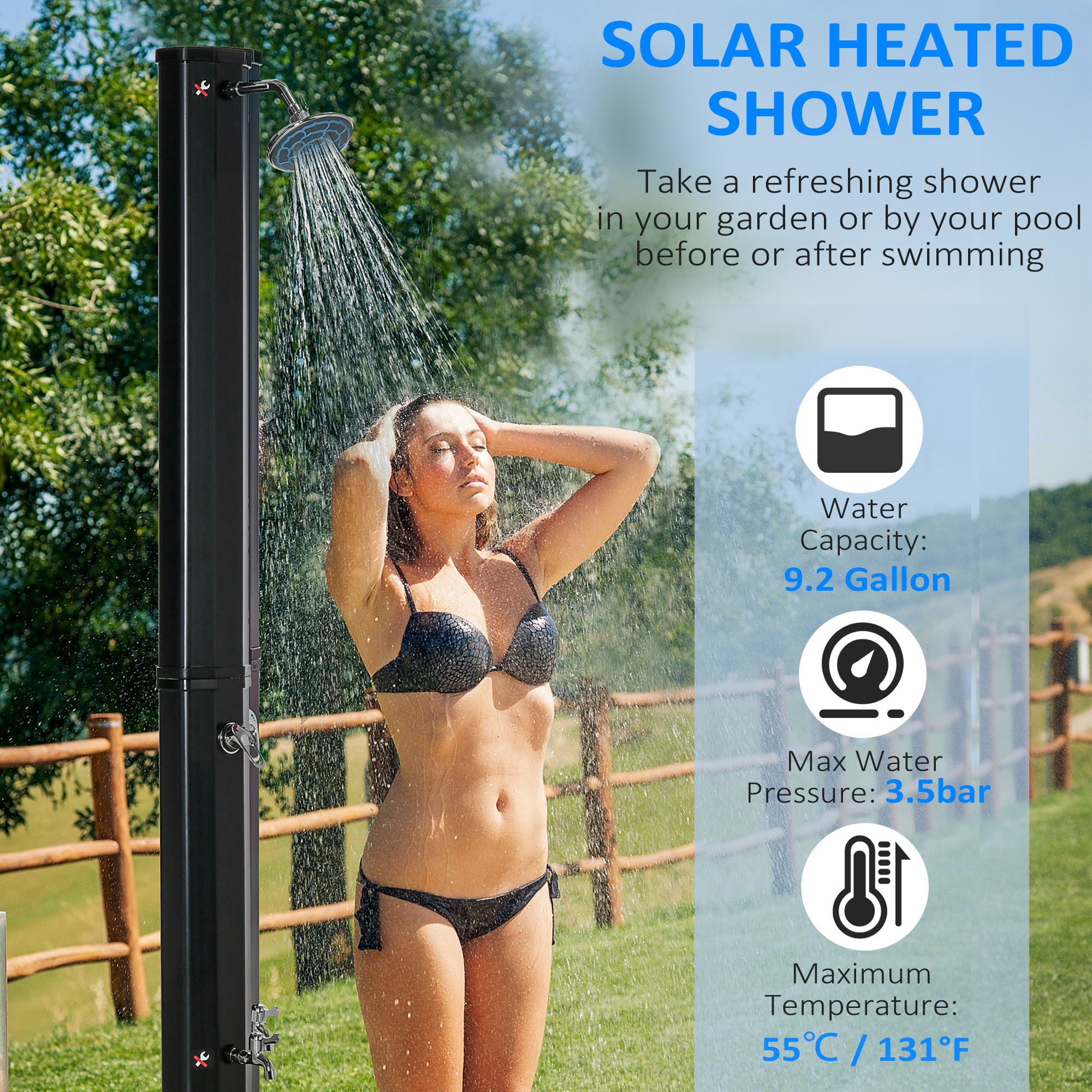 Outdoor Solar Heated Shower 9.2 Gallon with Rotating Head Black for Pool Patio