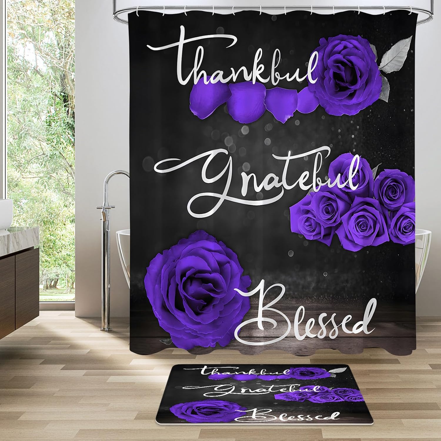 4 Pcs Red Rose Shower Curtain Set with Non-Slip Rugs, Toilet Lid Cover and Bath Mat, Thankful Grateful Blessed Romantic Showy Elegant Floral Bathroom Decor Set with Shower Curtain and Rugs