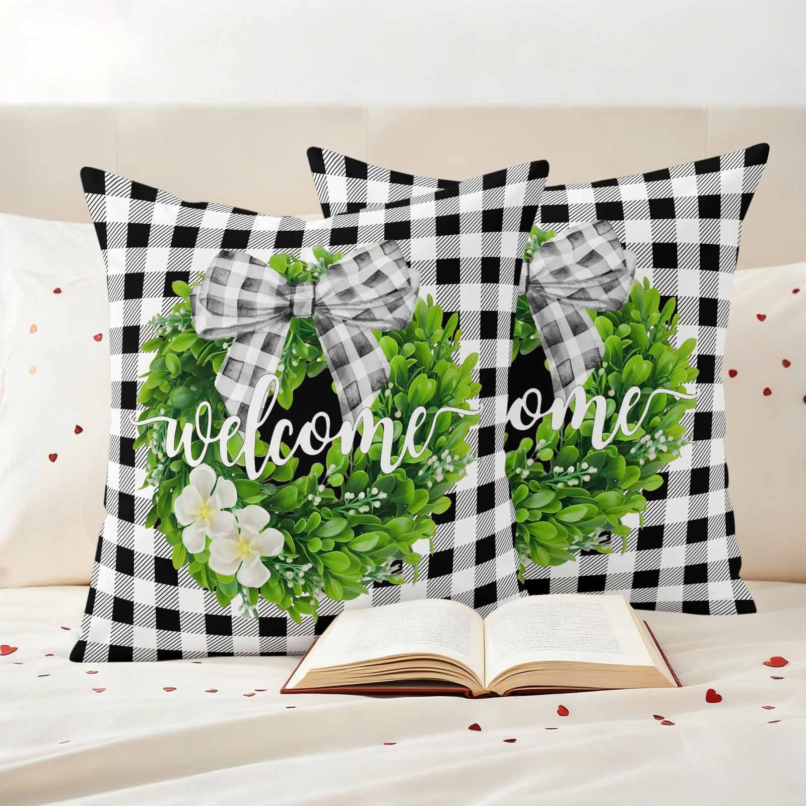 Welcome Pillow Covers 2 Pack Spring Country Farm Green Boxwood Flowers Wreath Black White Plaid Pillowcase Waterproof Outdoor Throw Pillow Cover for Patio Garden Square Cushion 16”x16”