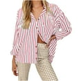 thumbnail image 2 of Lenpel Button down Shirts for Women Striped Long Sleeve Business Casual Oversized Collared Blouses Loose Work Tops(Red,Large), 2 of 5