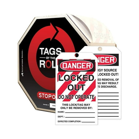 UPC: 0846642005443 | Accuform Signs Tags By-The-Roll 6 1/4  x 3  Lockout Tag  DANGER..OP  Black/Red On White 250/Roll