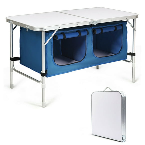 Gymax Pliant Table de Camping en Aluminium Réglable en Hauteur W / Rangement Bleu Foncé
