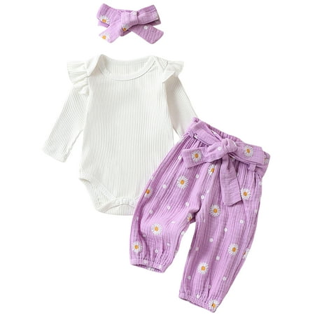 

Wallarenear Baby Girls Outfits Long Sleeve Ruffle Romper Tops Daisy Print Belted Long Pants Purple 0-3 Months