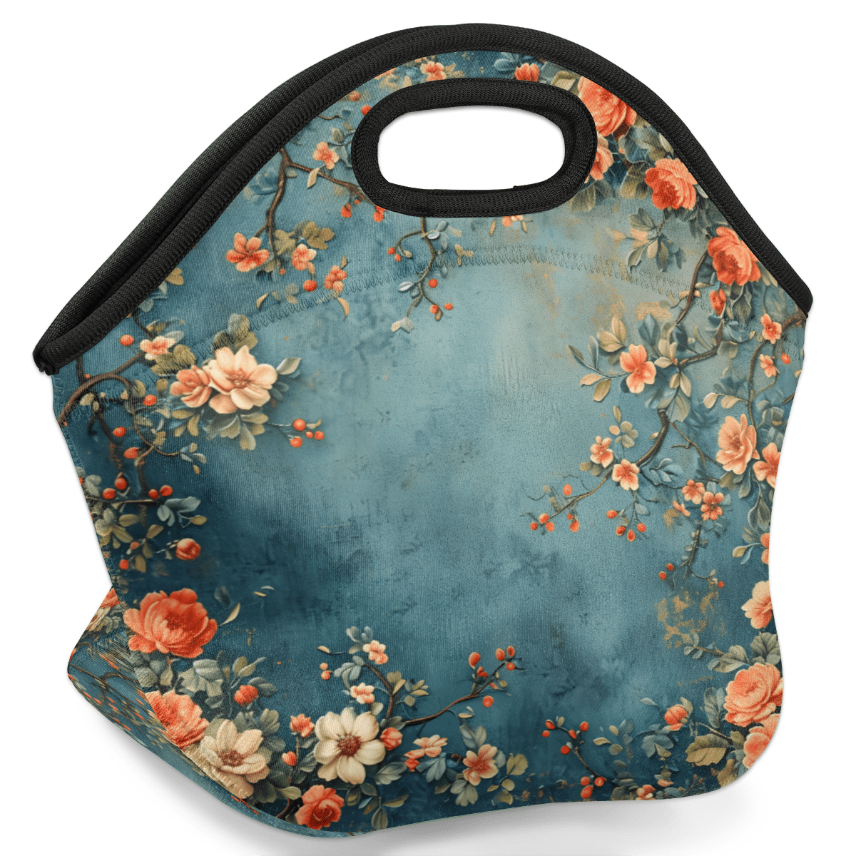 Herdesigns Vintage Floral Neoprene Lunch Bag, Flowers Insulated Lunch Box for Women Men Washable Lunch Tote Soft Lunch Container With Zipper for Work Picnic Travel
