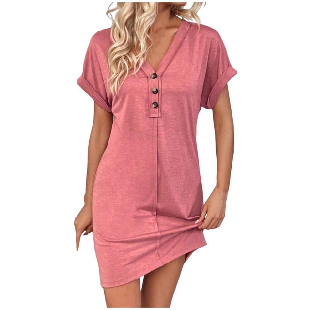 Birdeem Robes pour Femmes Robe à Manches Courtes Raglan Col en V Boutonnée Couleur Unie