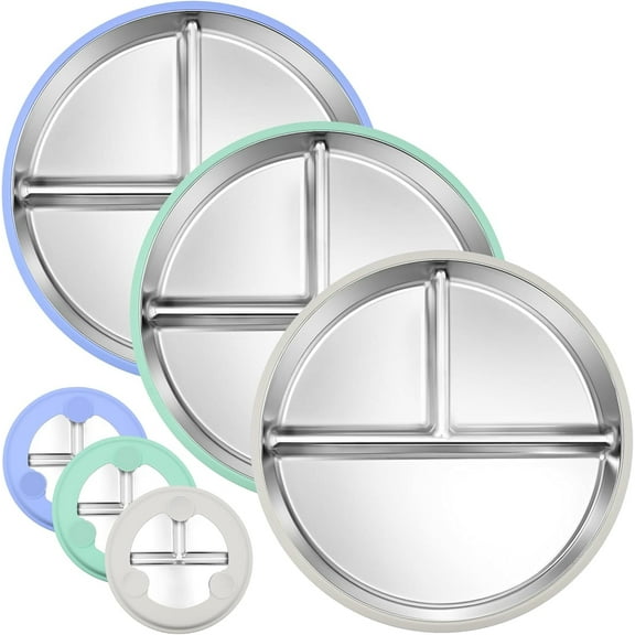 3-Pack Stainless Steel Baby Plates with Suction, BPA-Free Stainless Steel Kids Plates, 9” Divided Toddler Plate for Dishwasher Safe, Non-Slip Silicone Base, Detachable Design