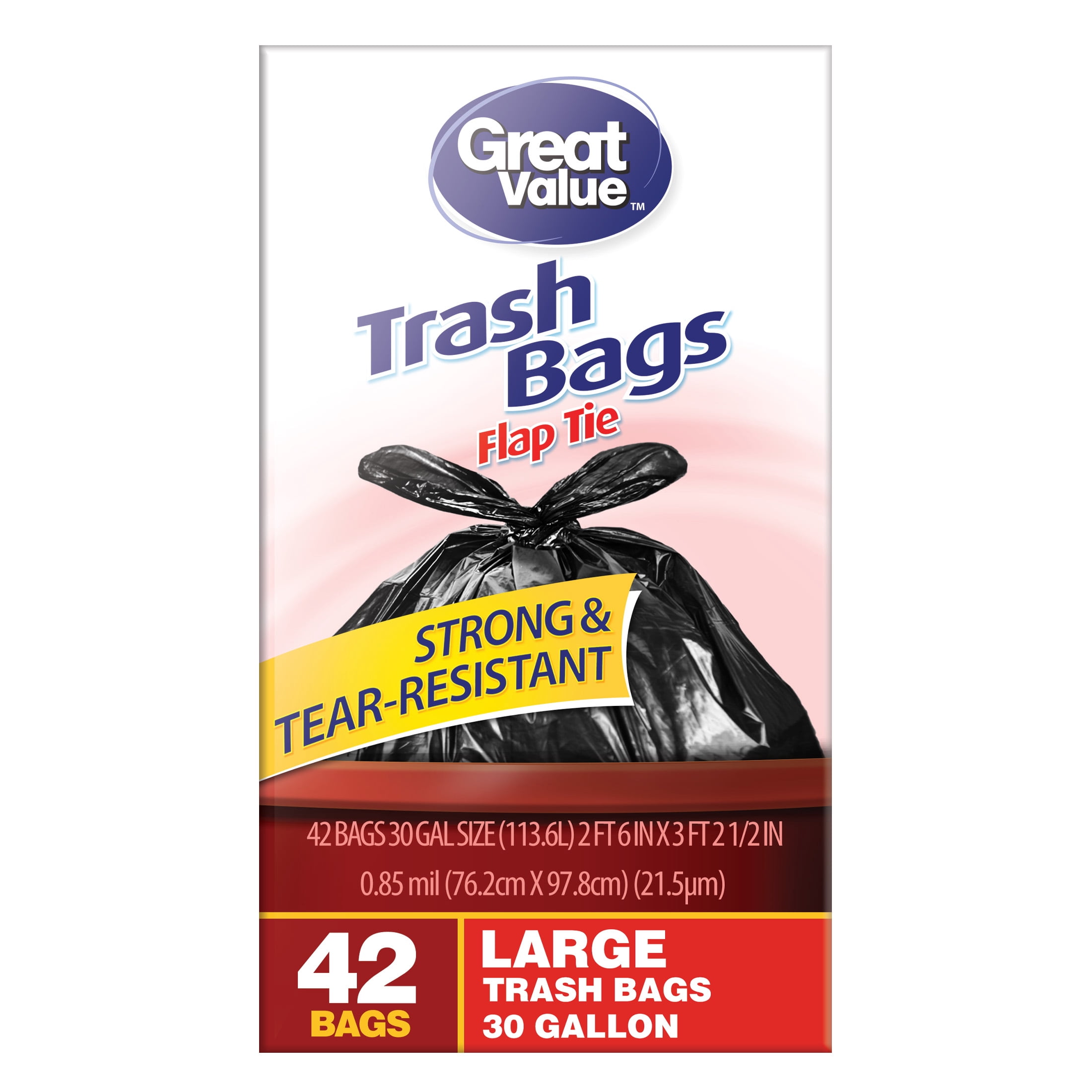 Great Value 30 Gallon Flap Tie Trash Bags, 42 Bags
