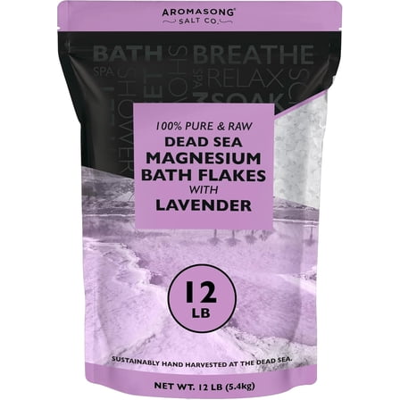 Aromasong RAW Magnesium Bath Flakes with 100% Natural Lavender, 12 Lb. Bulk Muscle Relaxing Organic Salts Mg Chloride, Mineral Soak Salt.