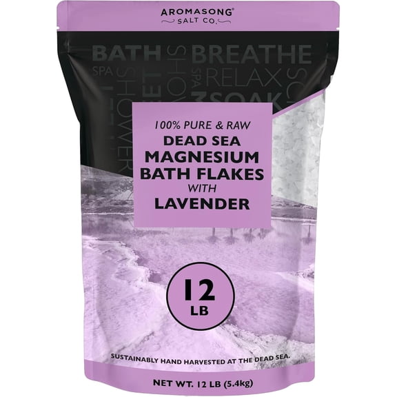 Aromasong RAW Magnesium Bath Flakes with 100% Natural Lavender, 12 Lb. Bulk Muscle Relaxing Organic Salts Mg Chloride, Mineral Soak Salt.