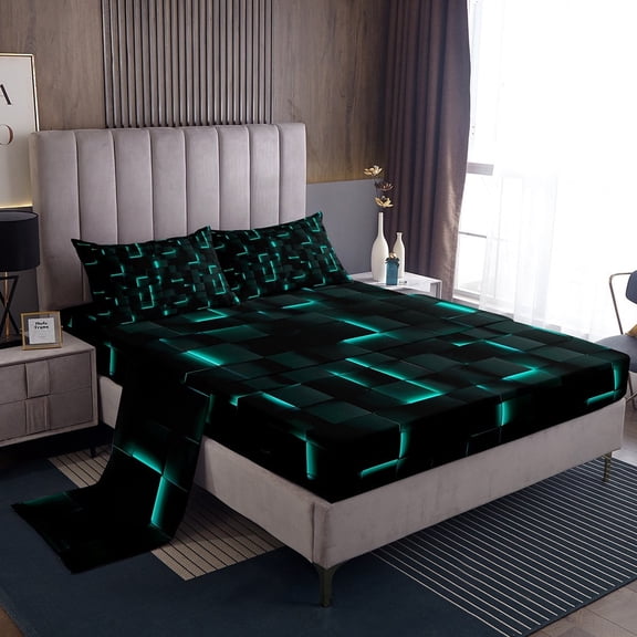 Erosebridal Geometric Plaid Sheet Set Twin,Black Teal Bedding Sets Twin Size,Futuristic Cubes Twin Sheet Sets,Super Cozy Neon Bedroom Decoration,3pcs