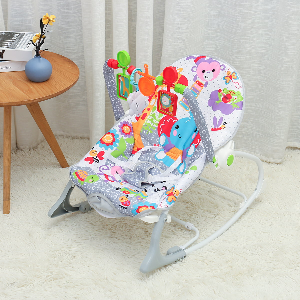 OKBOP Infant-to-Toddler Rocker Chair Boy Girl Activity Center Portable Music Baby Swing Cradle with Soft Cushion Safety Strap Multicolour Folding 2 in 1 Bouncer Seat Dinning Table Chairs Set