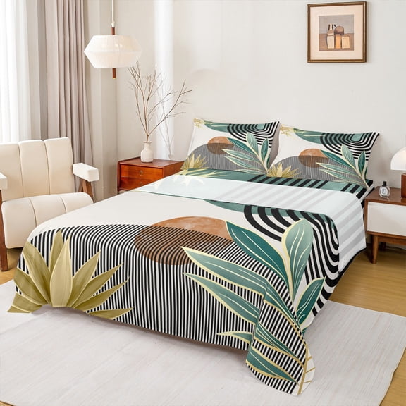 Manfei Beige Green Brown Twin Sheet Sets 3pcs, Aesthetic Geometric Twin Fitted Sheet, Nature Minimalist Flat Sheet, Lightweight Room Decor