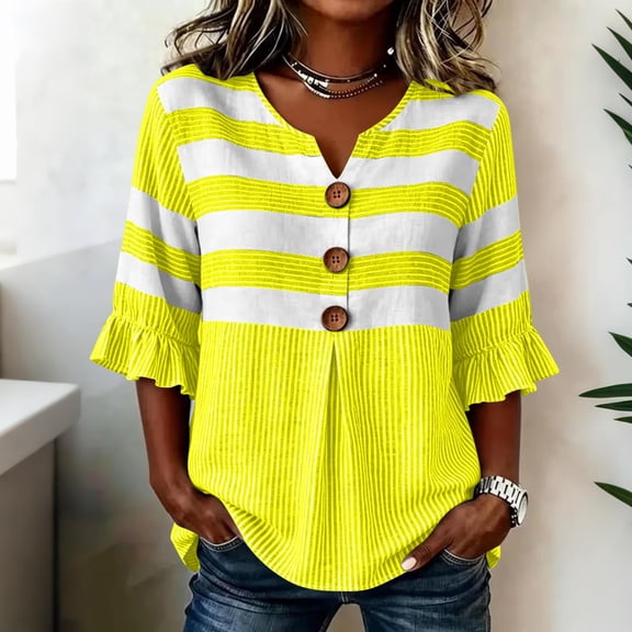 Wovilon Summer Casual V Neck Striped Blouse for Women, 3/4 Ruffle Sleeve Button Down Front with Pleated Detail, Relaxed Fit Everyday Vacation Outfit