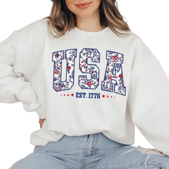 Floral USA Est 1776 Patriotic Varsity Graphic Casual Sweatshirt for Women