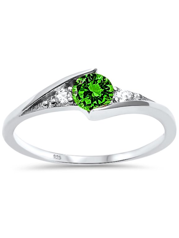 Synthetic Emerald CZ Three Stone Wavy Ring Sterling Silver Size 9
