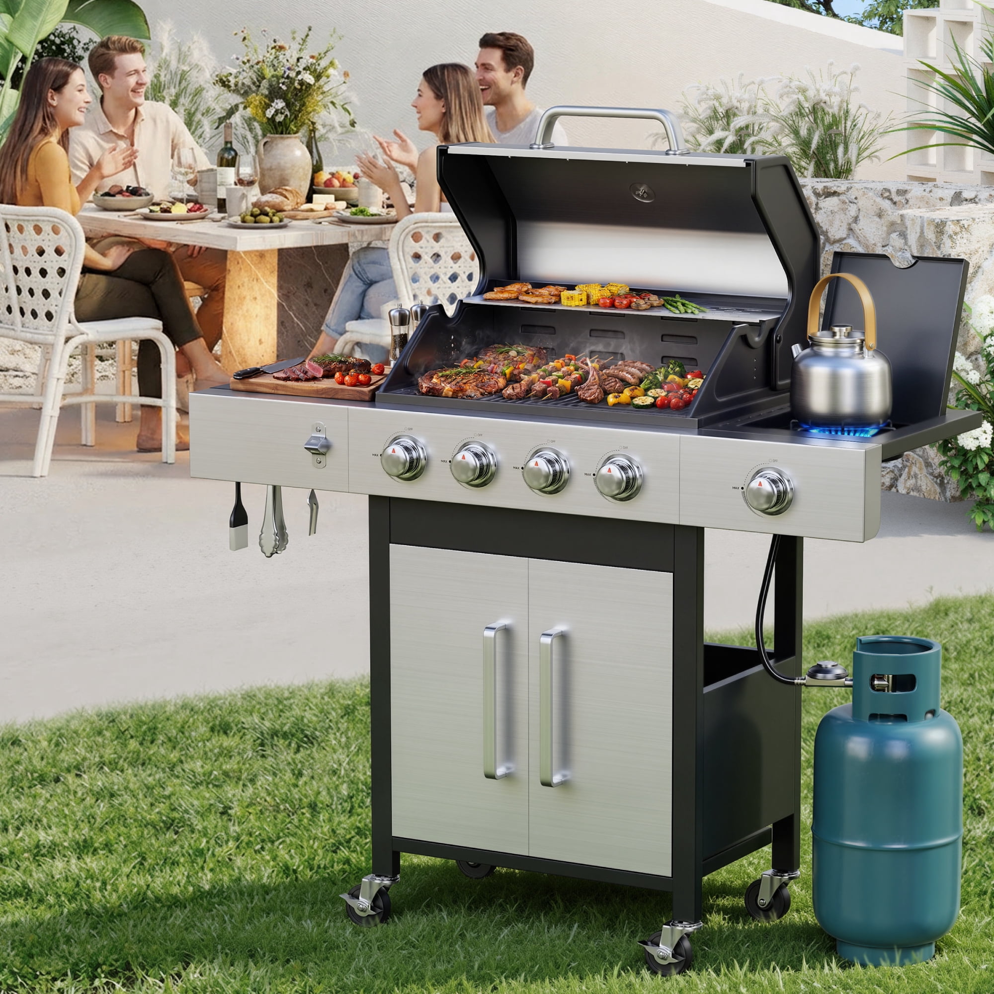 Biotree 4 Burner Gas Grill with Side Burner, 50800 BTU Barbecue Grill Propane Stainless Steel BBQ Grill with Porcelain-Enameled Cast Iron Grates for Outdoor Cooking