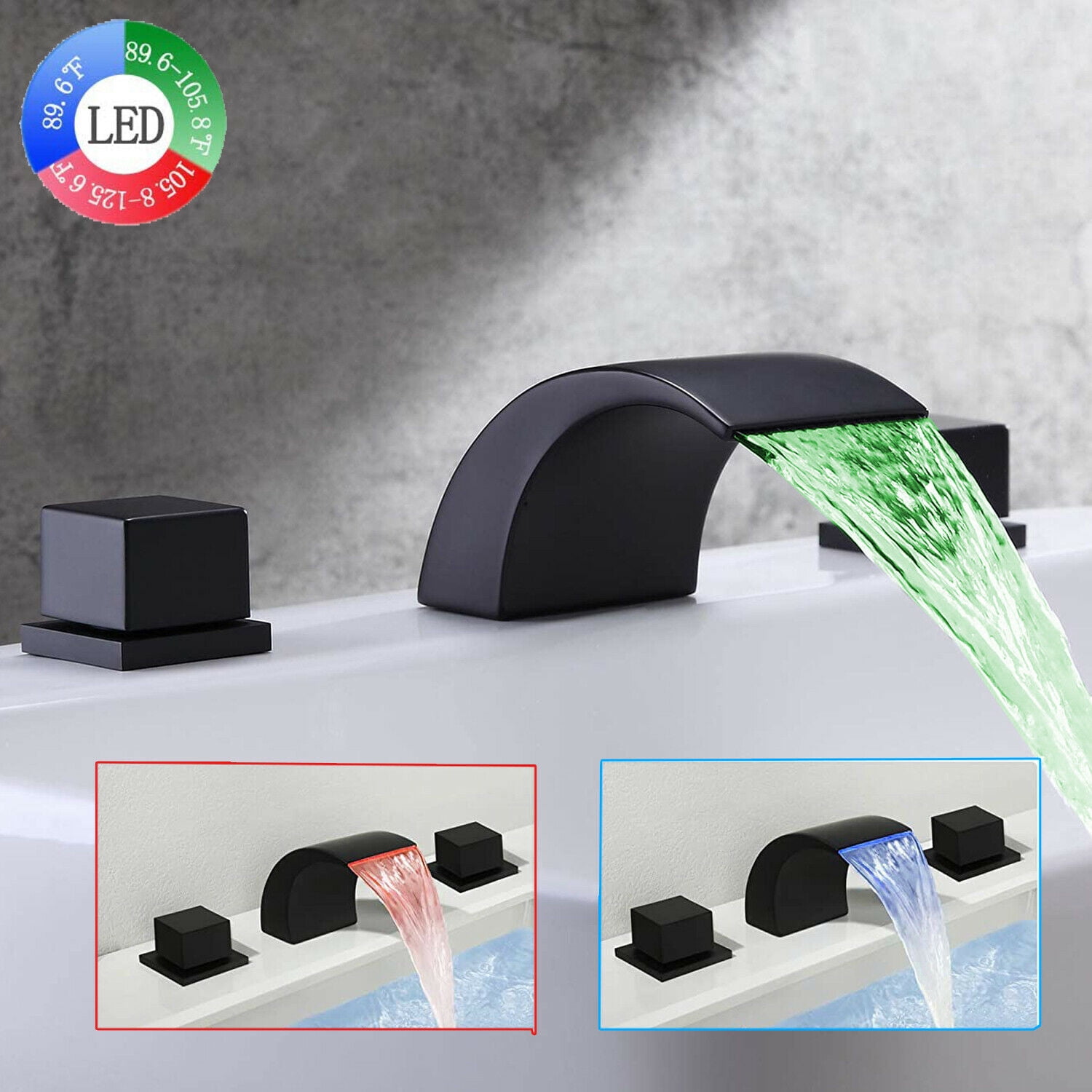 Zovajonia 3 Hole Bathroom Faucet, Matte Black Dual Crystal Knobs Vanity Basin LED Sink Faucet Mixer Bronze Bath Faucets ,Widespread bathroom faucets for sink 3 hole Waterfall Tub Faucet