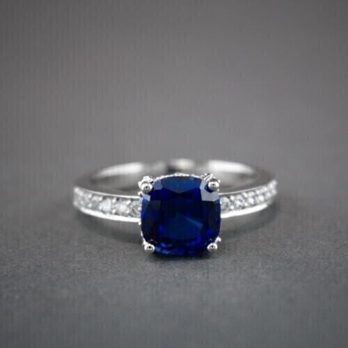 2Ct Cushion Cut Lab Created Blue Sapphire Women's Wedding Ring 14k White Gold Plated