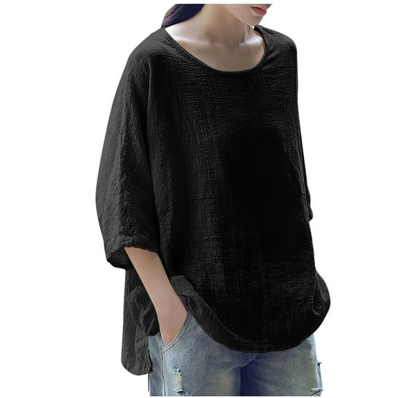 Fartey Cotton Linen Shirts for Women Summer 2025 Trendy Plus Size Crewneck Short Sleeve Casual Tops Loose Comfy Solid Color Blouses Black XXL
