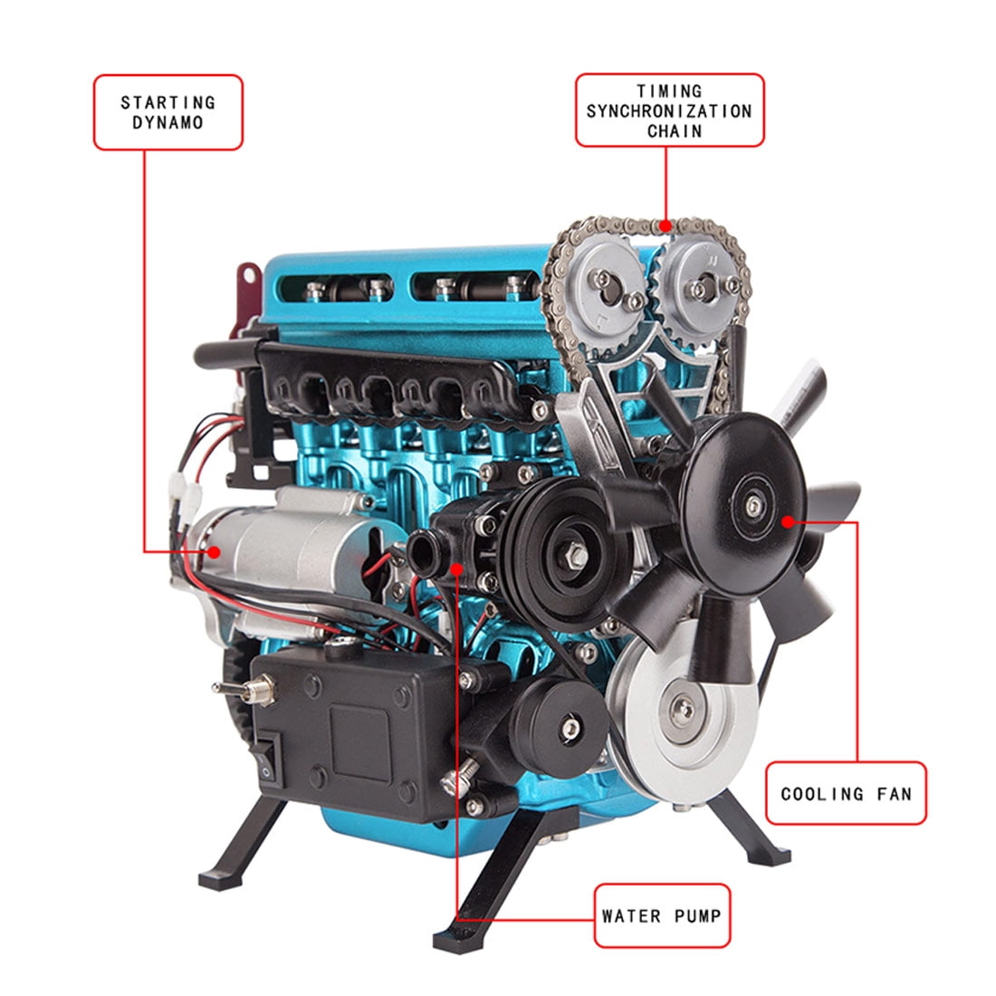 ENGINEDIY L4 Engine Model Kit that Runs, 3D Metal Turbocharged Inline-Four Car Engine Mechanical Engineering DIY Assembly Engine Model with Cooling System (364+PCS)