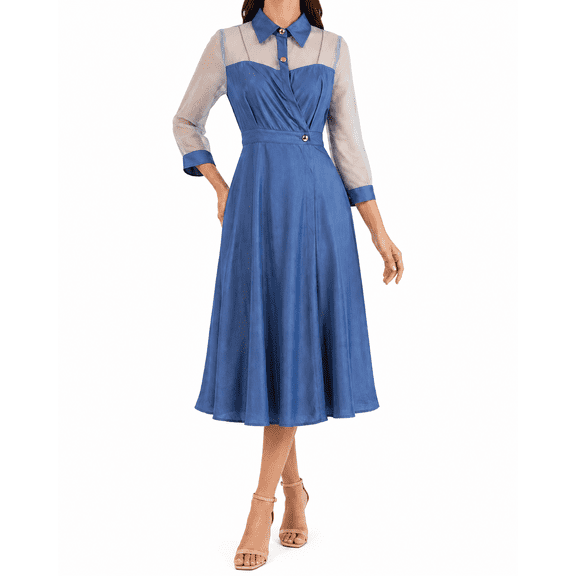 Women's Vintage See Through Denim Maxi Dress Turndown Collar Lantern Sleeve Tulle Dress with Pockets