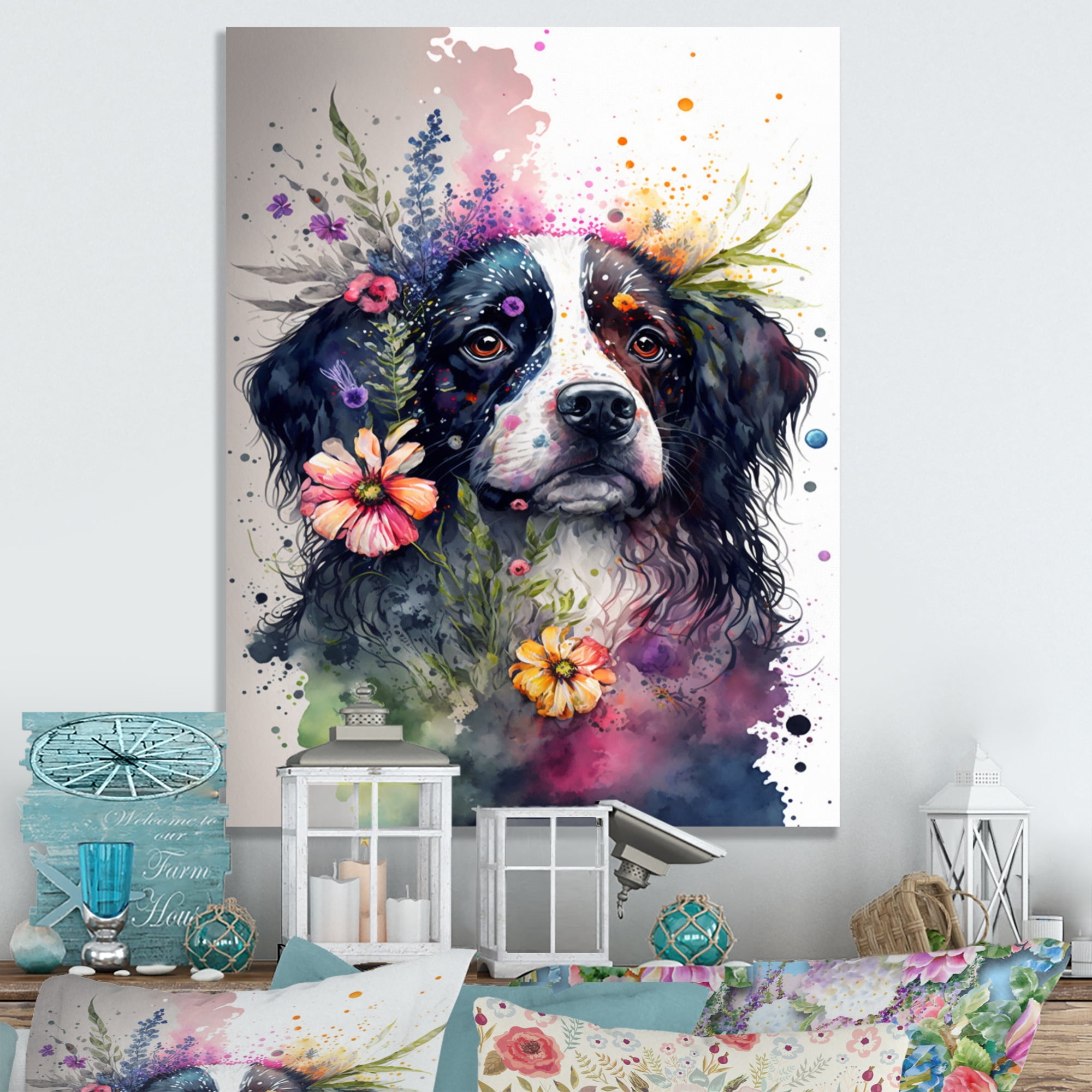 Designart Cute Dog Floral Art I Canvas Wall Art