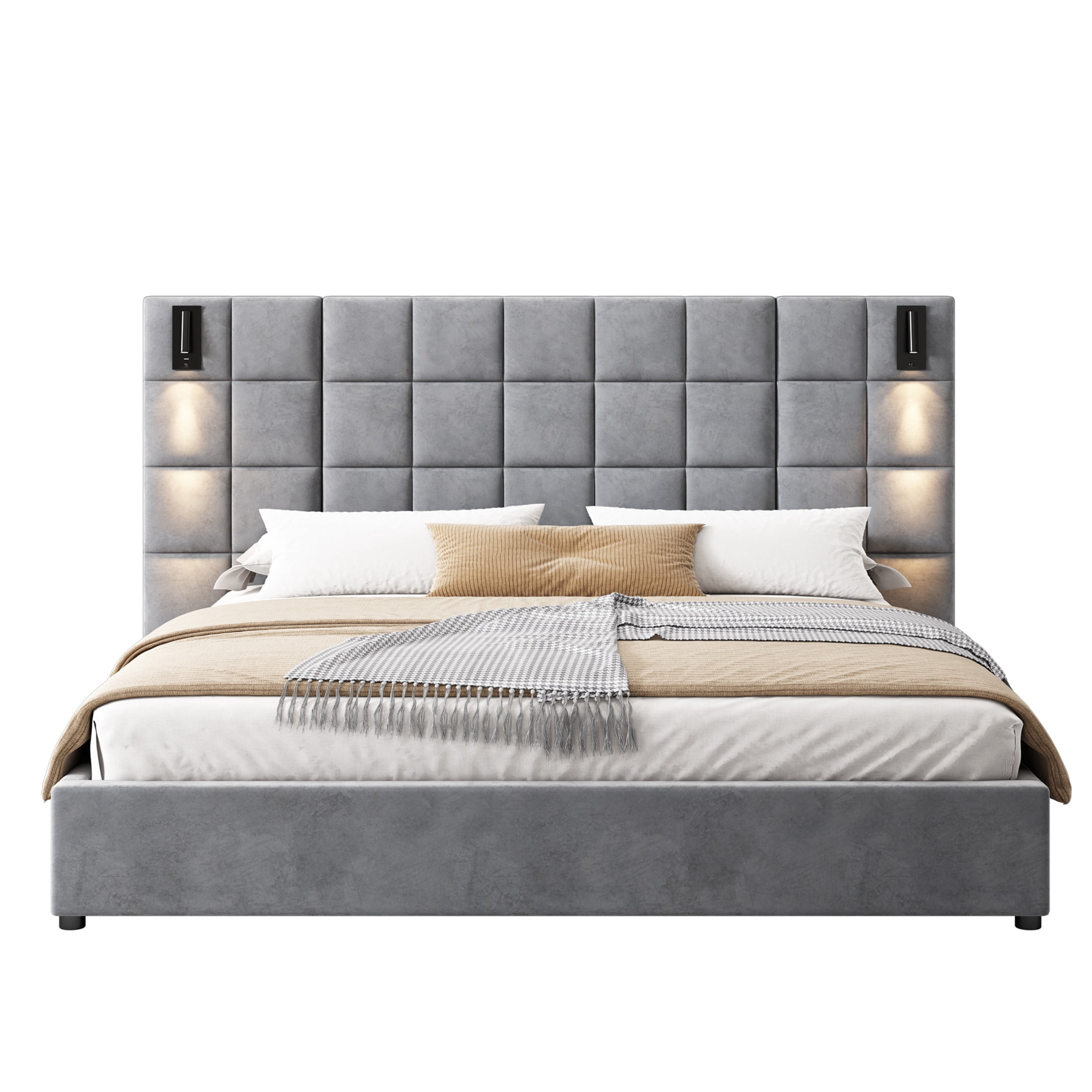 Christopher Knight Home California King Bed Frame with Velvet Upholstered, Wall Sconce, USB Port, Wide Headboard, Gray