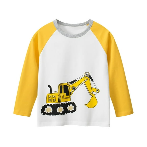 Povozer Toddler Boys Shirts Baby Boy Truck Tees Train Long Sleeve T-Shirt(Yellow,2-3Y)