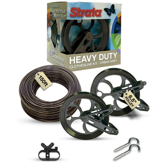 Strata Aged Bronze Harmony Clothesline Outdoor Heavy Duty Kit - 150 Feet Galvanized Wire PVC Coating, 6.5" Aged Bronze Clothesline Pulley 2pcs, Metal Mini