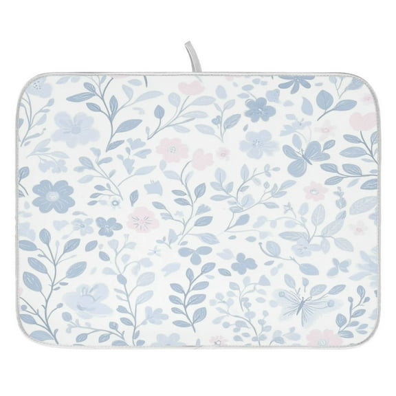 Blue Floral Pattern Dish Drying Mat for Kitchen, Quick Drying Absorbent Soft Durable 16" x 18"