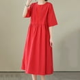 thumbnail image 6 of Efsteb Cotton Linen Dresses for Women Short Sleeve Summer Midi Dress with Pockets Casual Crew Neck Pleated Front Drawstring Tie Waist Vacation Dresses (Red,XXL), 6 of 9