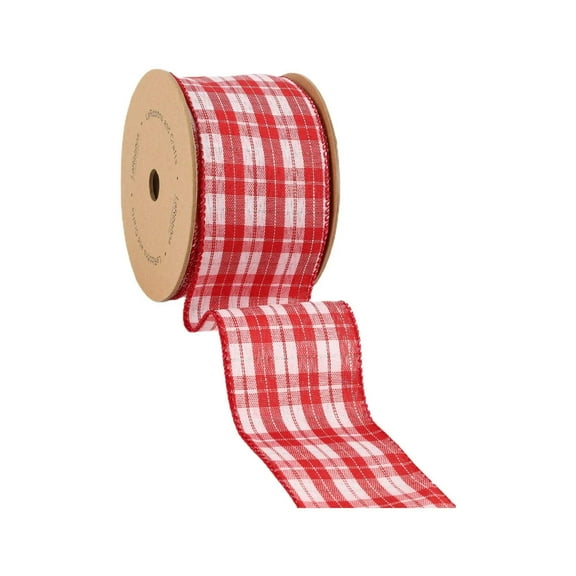 LaRibbons 2 1/2" Wired Ribbon, Red/White Plaid Silver Thread, 10 Yard Roll