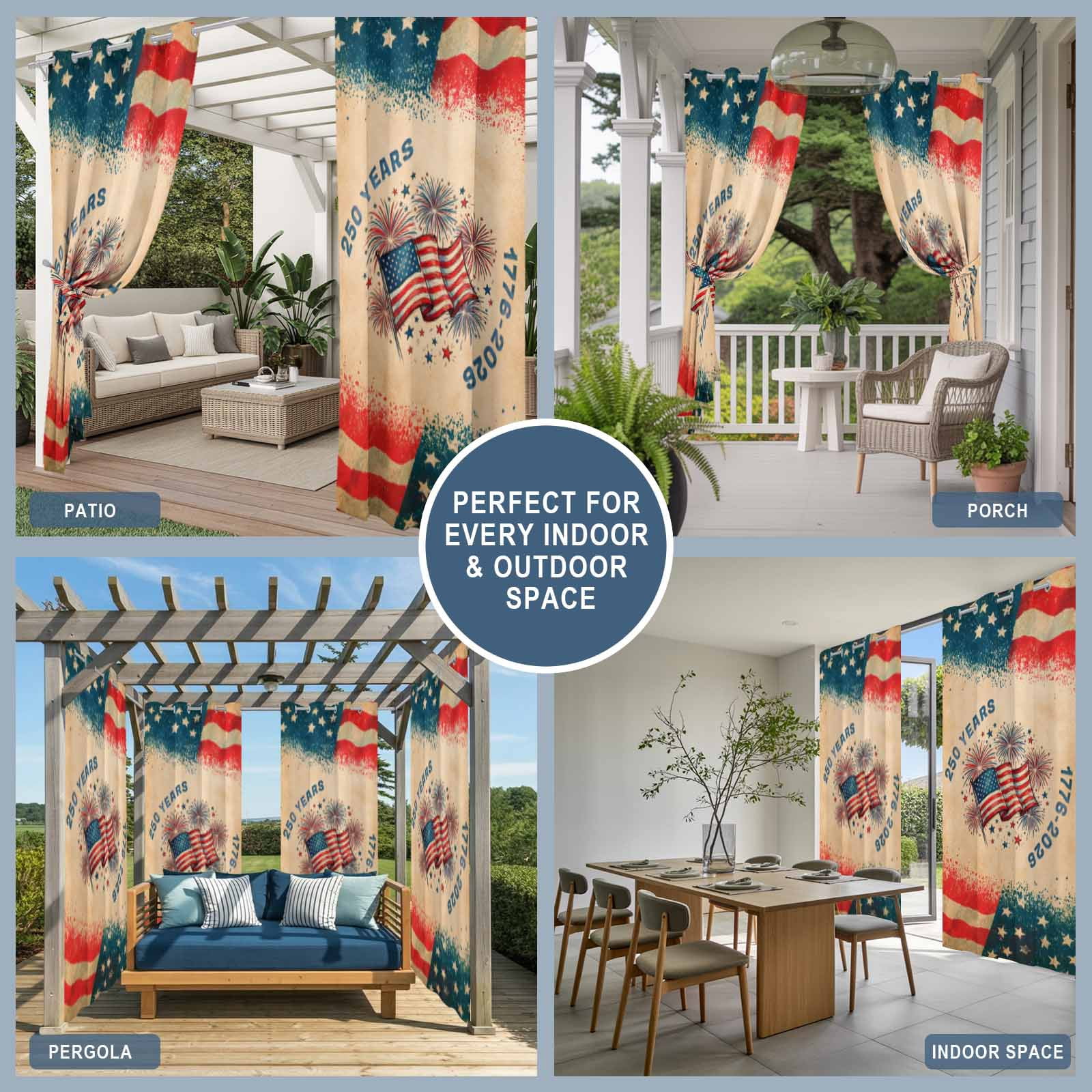 250th Anniversary Outdoor Curtains for Patio, Independence Day Firework American Flag Retro Sunshade Privacy Drapes Grommet Waterproof Outside Curtains for Porch/Cabana/Balcony 54"x 108", 1 Panel
