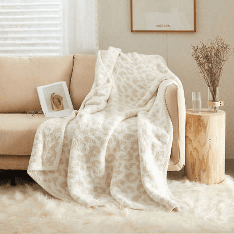 Artisan Cozy Knit Throw, Ultra Soft Machine Washable, 60”x70”, Cream Ivory  Leopard