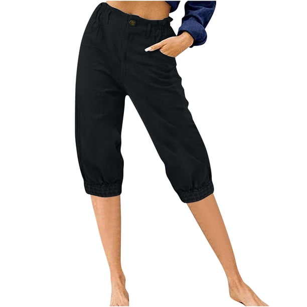 Puntoco Pantalón Largo Medio De Lino De Color Liso De Verano De Cintura Alta Para Mujer Negro Xxl, Regalo Para Mujer