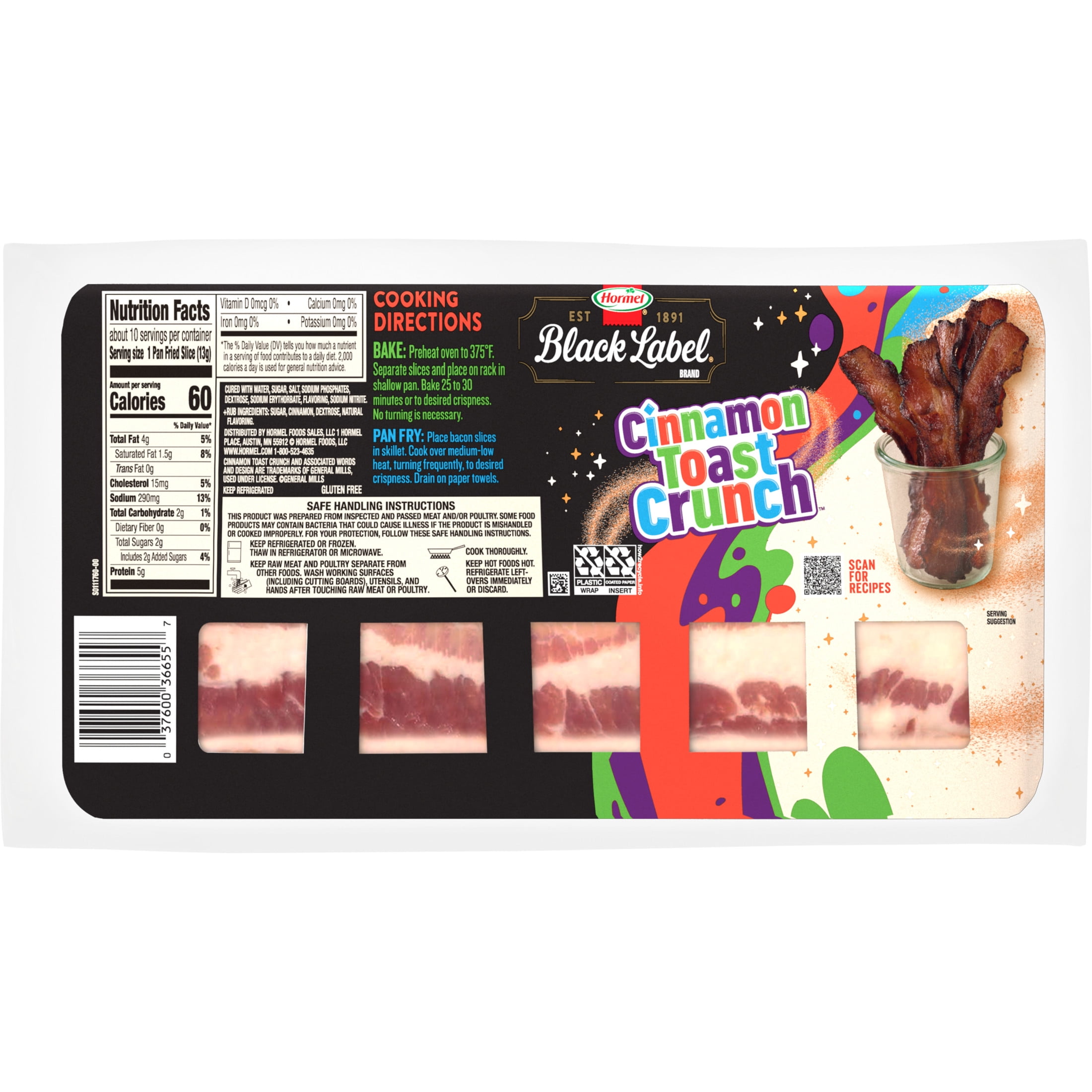 HORMEL BLACK LABEL CINNAMON TOAST CRUNCH Bacon, Refrigerated, 12 oz Plastic Package