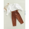 thumbnail image 3 of Bagilaanoe 2pcs Little Girls T-shirt and Trousers Set Ribbed Puff Long Sleeve Tops and PU Leather Long Pants with Belt 1T 2T 3T 4T 5T 6T Kids Outfits, 3 of 8